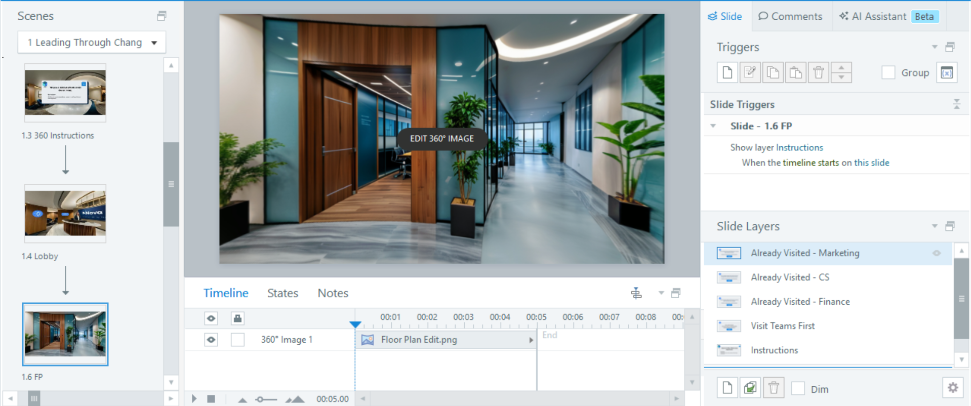 Storyline 360 workspace showing the 360° hallway slide, its triggers, and slide layers such as Already Visited and Instructions